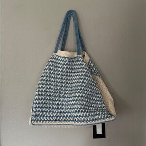 Blue and Cream Knit Tote Bag~ Hand Crochet